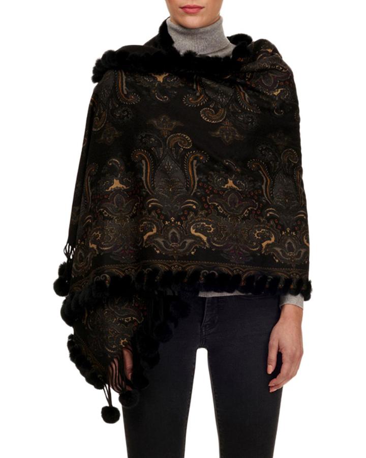 Double-face Cashmere Stole W/ Rabbit Fur Whipstitch Pompoms, Black Pattern