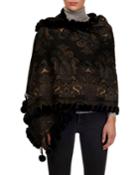 Double-face Cashmere Stole W/ Rabbit Fur Whipstitch Pompoms, Black Pattern