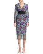 Long-sleeve Banded Overlay Lace Midi-length Dress