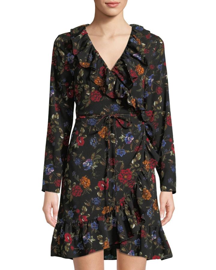 Winter Floral Ruffle Wrap Dress