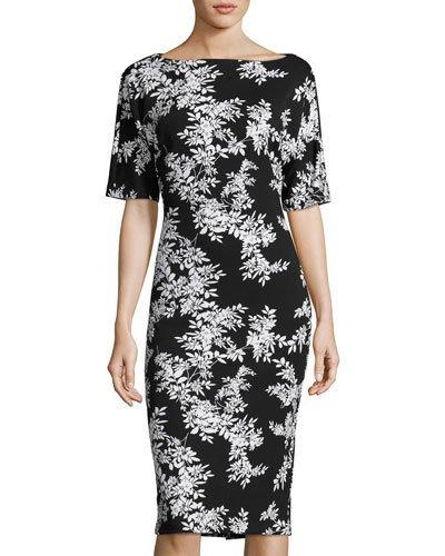 Floral-print Short-sleeve Sheath Dress, Black/white