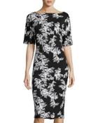 Floral-print Short-sleeve Sheath Dress, Black/white
