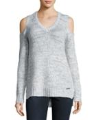 V-neck Cold-shoulder Tunic Sweater, Pearl Heather