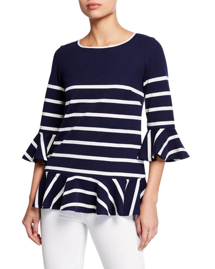 Striped 3/4-sleeve Ruffle Top