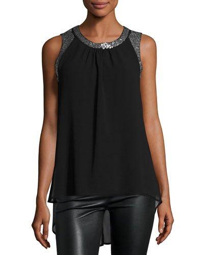Sequined Chiffon Top, Black