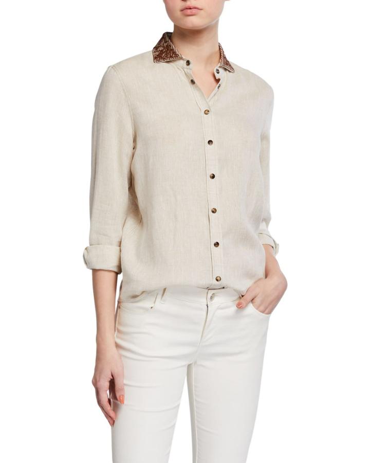Embroidered-collar Linen Button-front Blouse