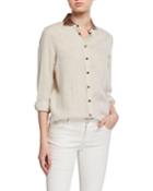 Embroidered-collar Linen Button-front Blouse