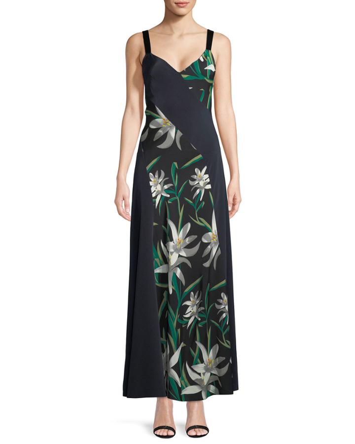 Sleeveless Paneled Lily-print Silk