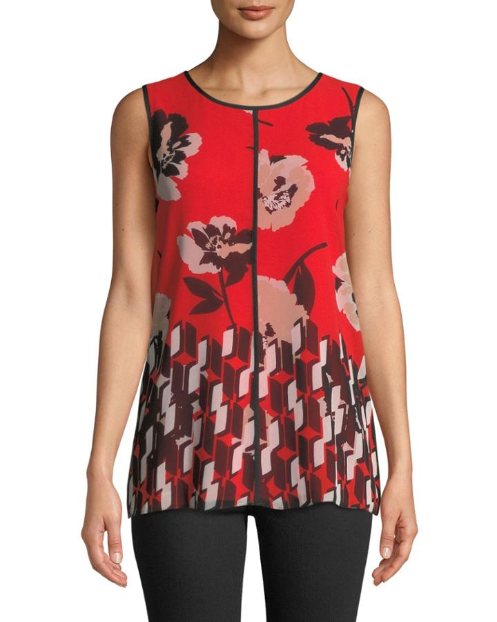 Floral Print Piped Sleeveless Blouse