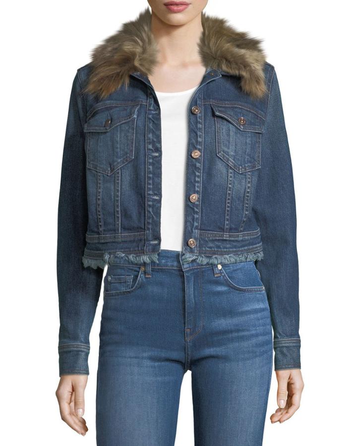 Cropped Button-front Boyfriend Denim Jacket W/ Faux Fur