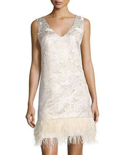 Floral Jacquard Cocktail Dress W/faux-feather Hem, Blush