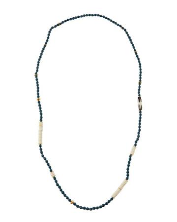 Long Paper, Bone & Brass Beaded Necklace, Dark Teal