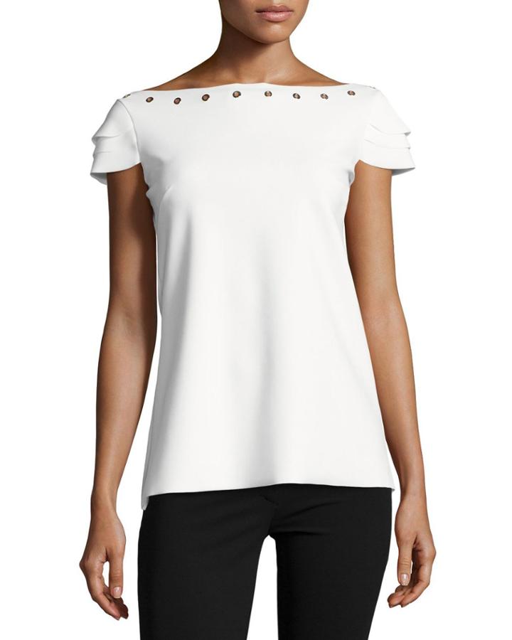 Natuzza Tiered-sleeve Jersey Grommet Top, White