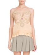 Sleeveless Thin-strap Cotton Voile Top W/ Blossom Embroidery