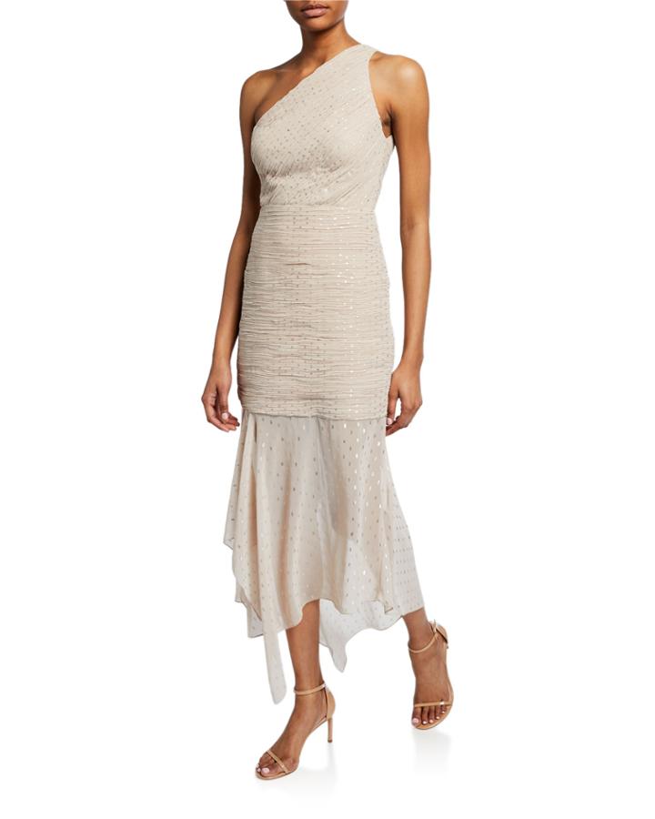 One-shoulder Pleated Metallic Dot Chiffon Dress