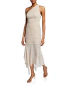 One-shoulder Pleated Metallic Dot Chiffon Dress