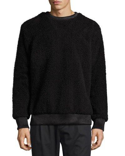 Faux-sherpa Crew Neck Sweater W/leather Trim