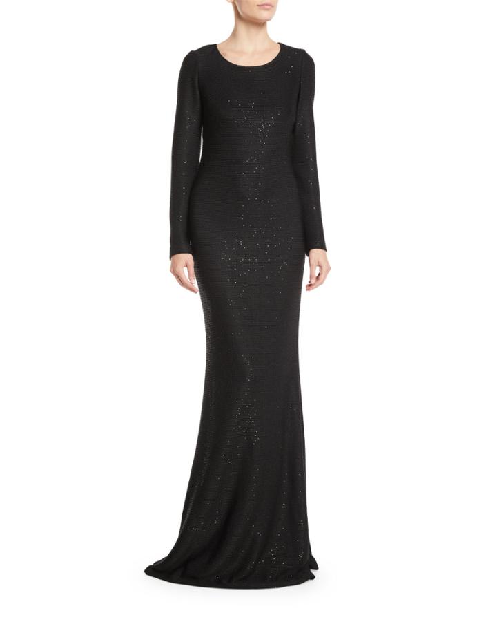 Long-sleeve Cross-back Links Sequin Knit Evening Gown