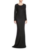 Long-sleeve Cross-back Links Sequin Knit Evening Gown