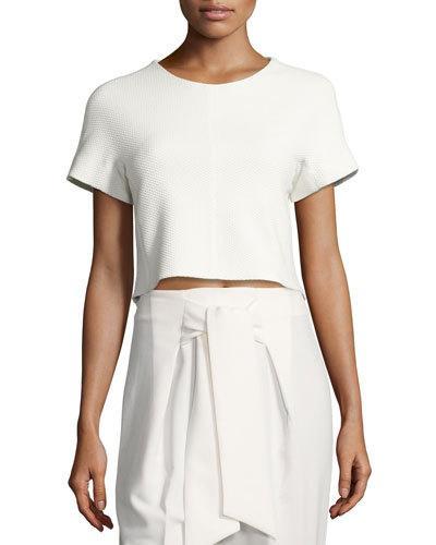 Textured Short-sleeve Crop Top With Lace Back, White