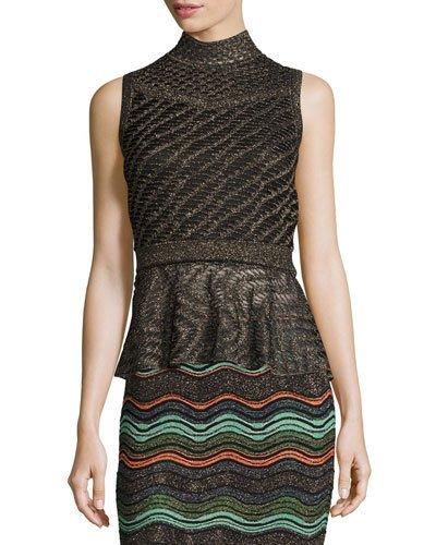 Sleeveless Solid Lurex&reg; Openwork Peplum Top, Black