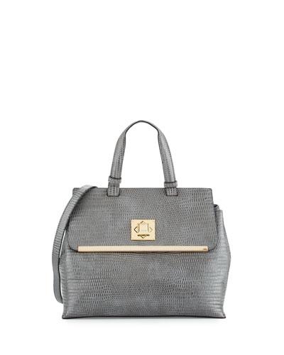 Charlotte Snake-print Faux-leather Satchel Bag, Gray