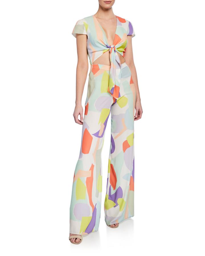Sierra Geometric-print Tie-front Cap-sleeve Jumpsuit