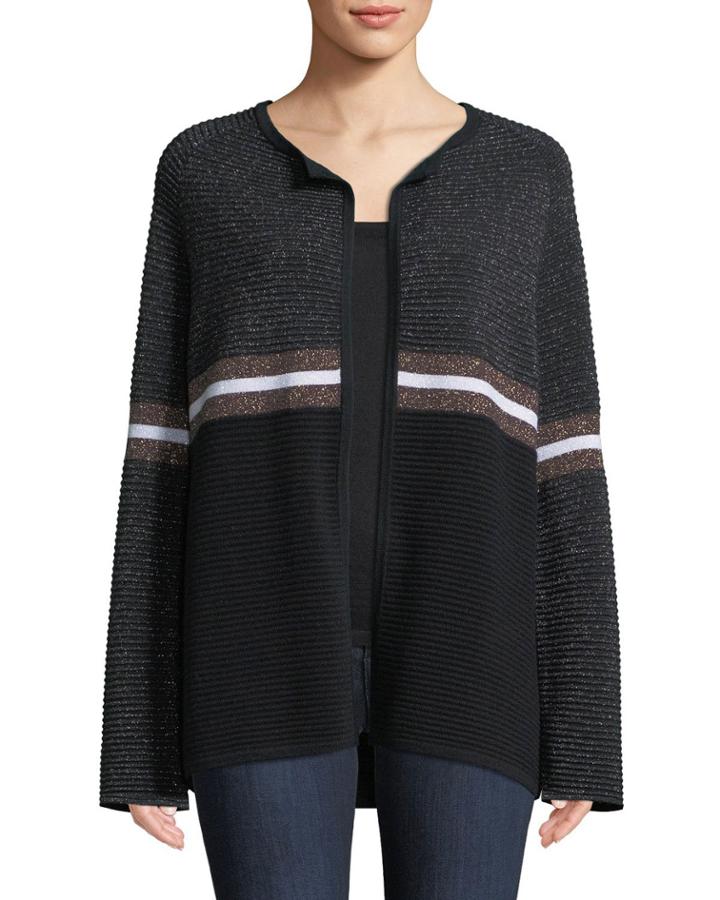 Cashmere & Metallic Ribbed Ottoman Knit Striped Cardigan