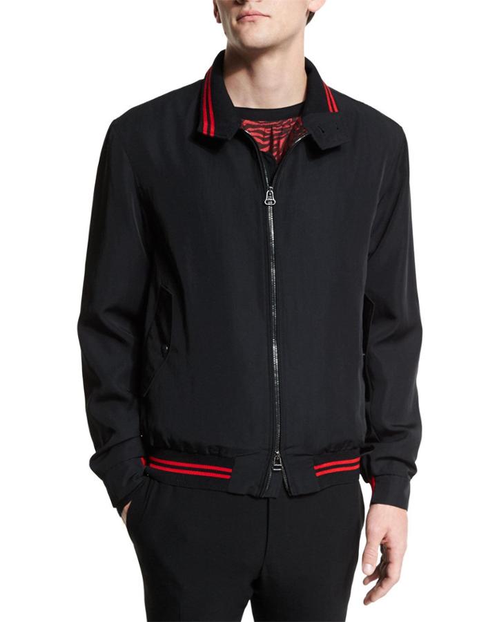 Zip-up Bomber Jacket With Striped Trim, Black