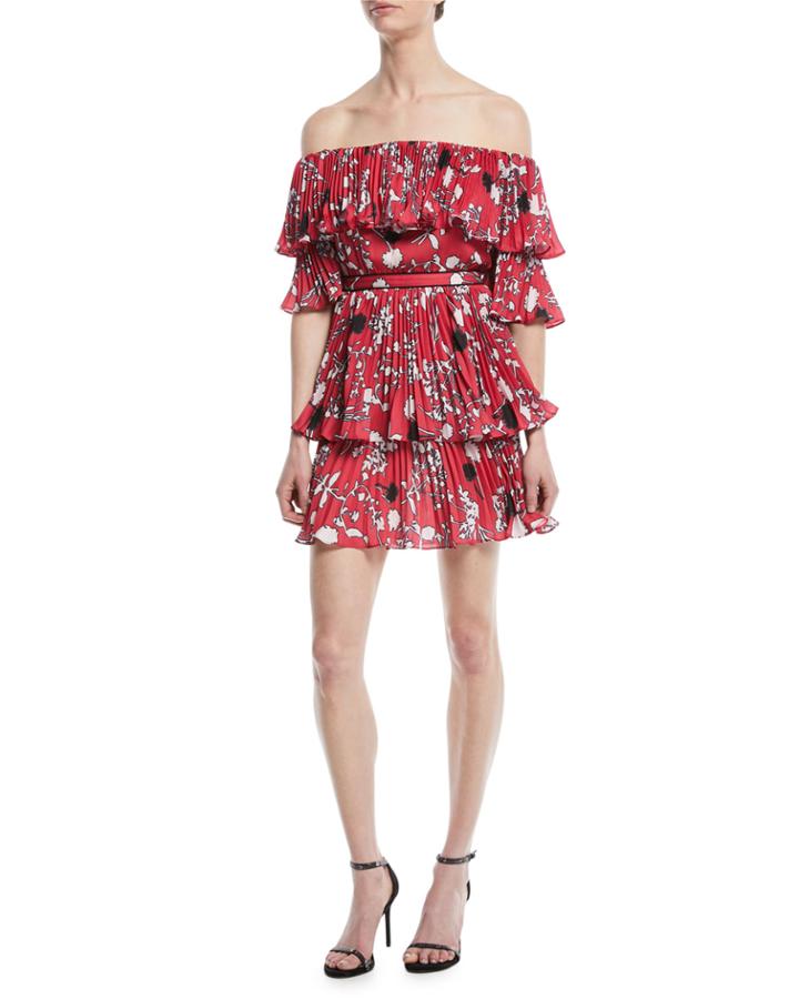 Pleated Off-the-shoulder Floral-print