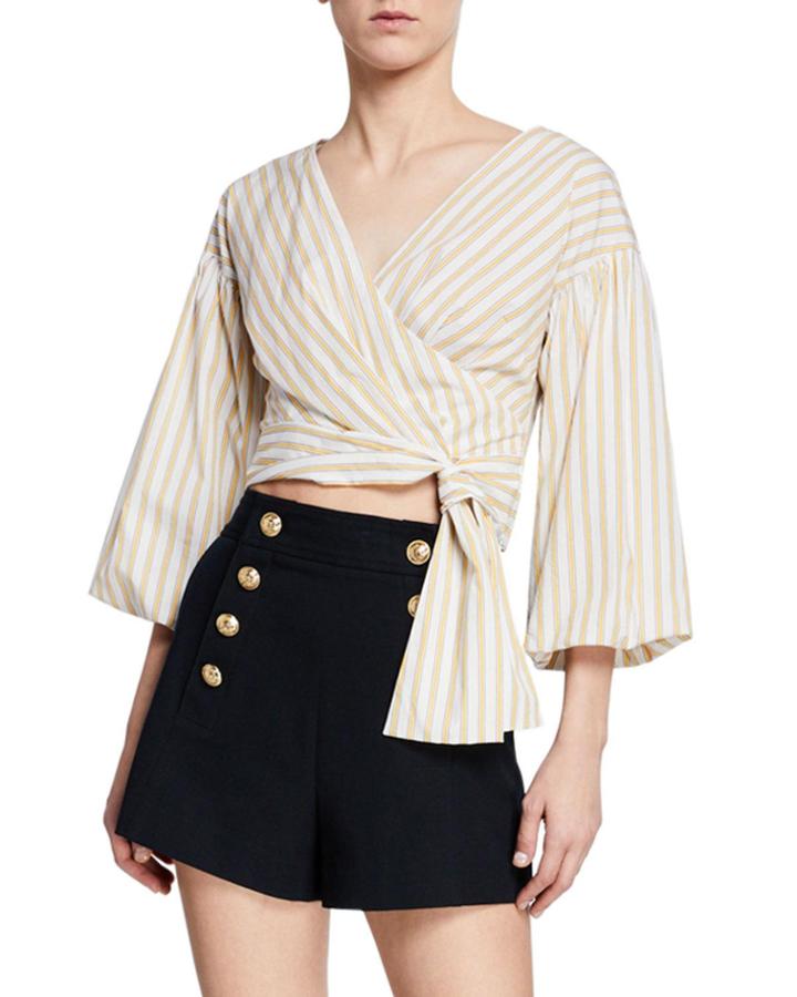 Striped Bell-sleeve Cropped Tie-waist Blouse