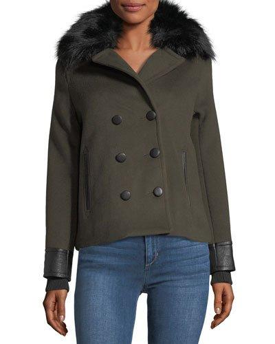 Double-breasted Faux Fur-collar Military Jacket