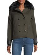 Double-breasted Faux Fur-collar Military Jacket