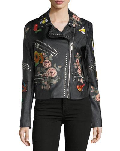 Floral-print Studded Biker Jacket