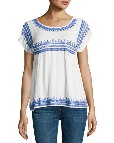 Embroidered Gauze Peasant Top