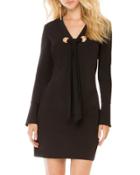 Grommet-tie Long-sleeve Shift Dress, Navy