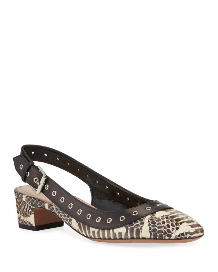 Snake-print Eyelet Leather Slingback