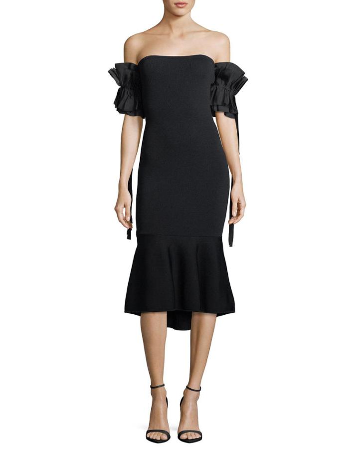 Meksin Flared Ruffle Short-sleeve Knit Cocktail Dress