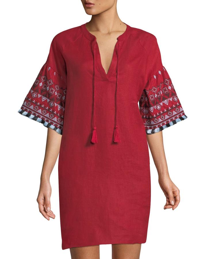 Embroidered Linen Tie-neck Dress