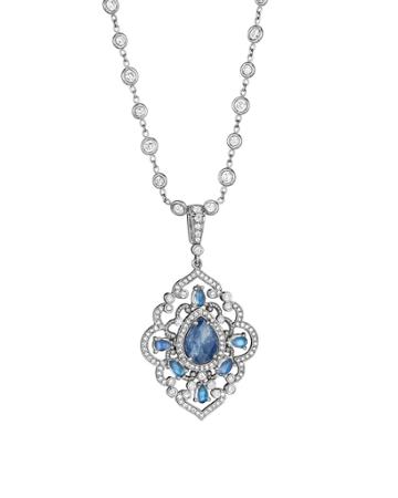 Regal Enhancer With Pear Blue Sapphire Center And Moonstone Cabochon Accents On Diamond Bale On Plain Chain