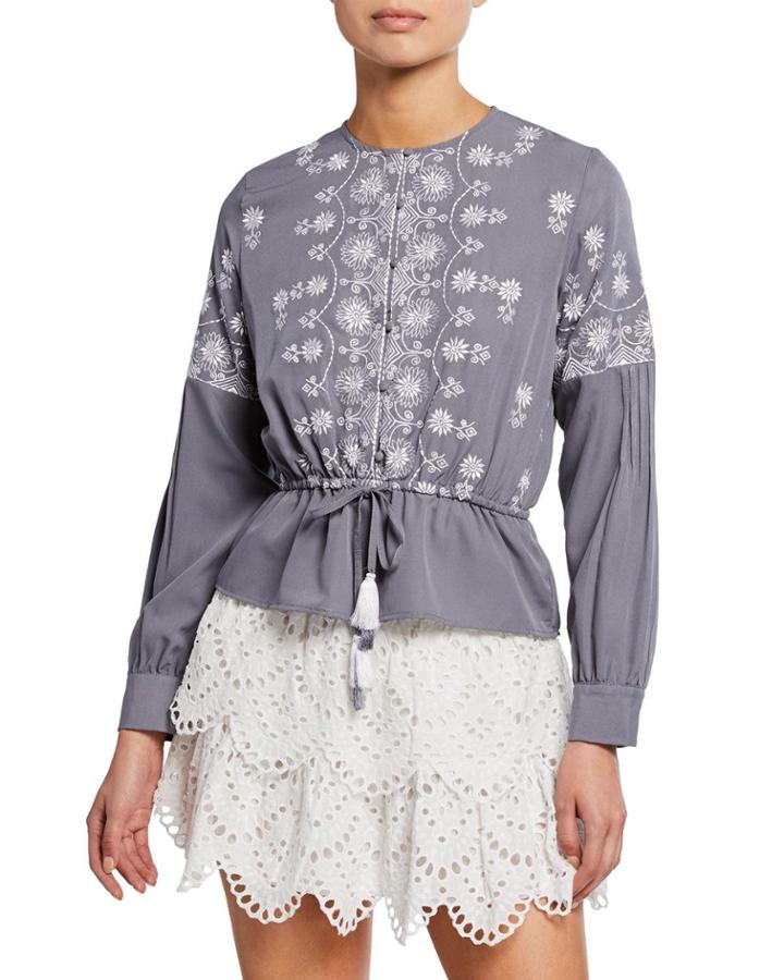 Cameron Floral-embroidered Tassel Peplum Top