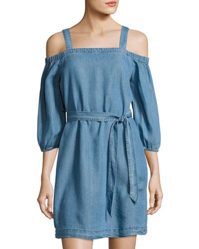 Off-the-shoulder Tie-waist Dress, Blue