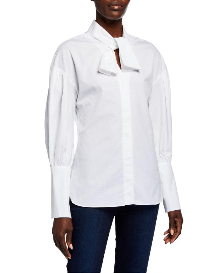 Solid Textured Neck-tie Blouse