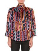 Printed Satin Boxy High-neck Blouse With Removable