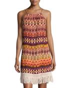 Tribal-print Fringe Trim Dress, Orange Pattern