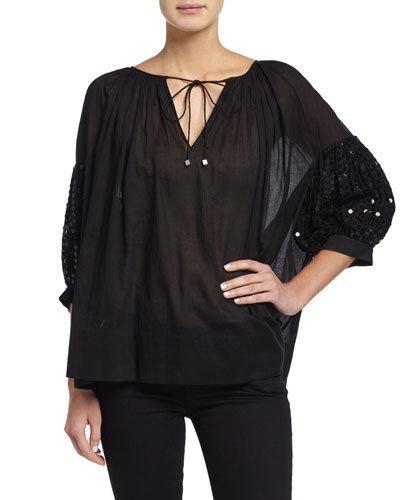 Paillette-sleeve V-neck Blouse, Black