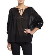 Paillette-sleeve V-neck Blouse, Black