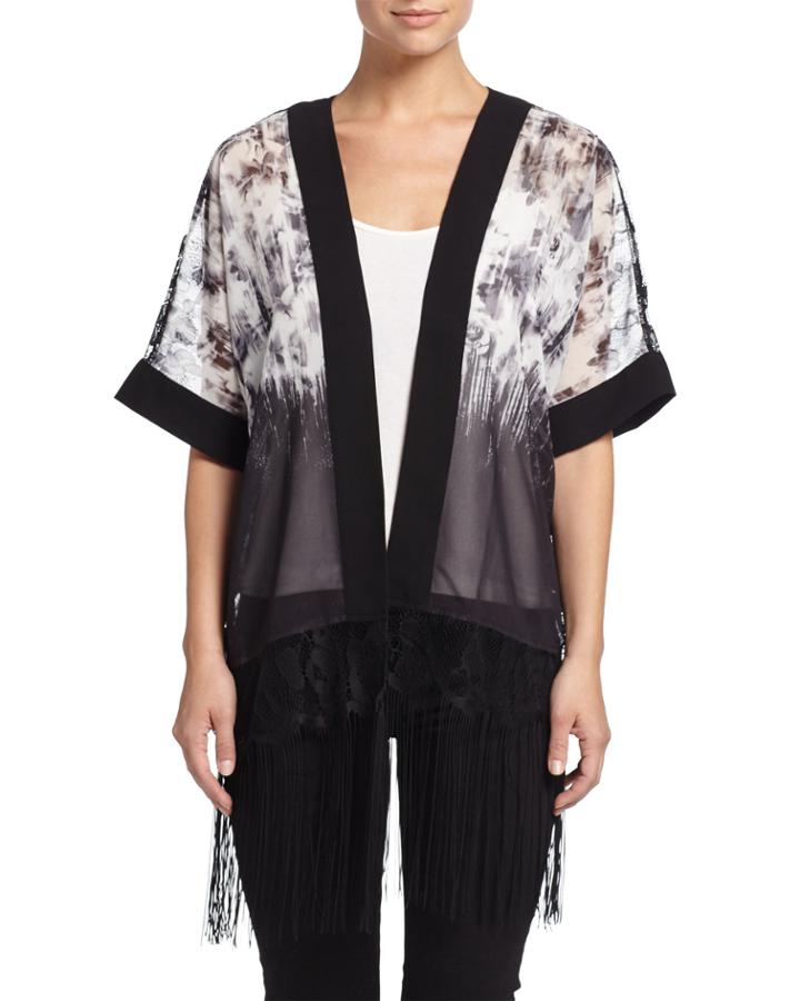 Neiman Marcus Floral-print Lacy Fringe Kimono, Black/white, Women's, Grey/black