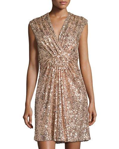 Stretch-sequin V-neck Dress, Pink