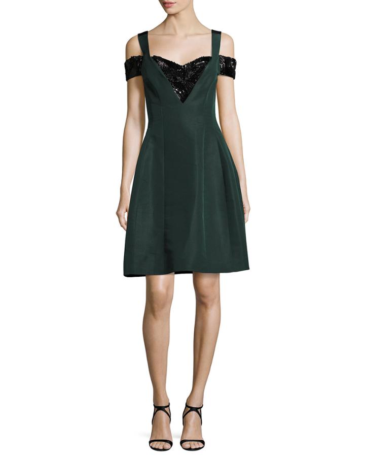 Cold-shoulder Beaded Fit & Flare Dress, Green